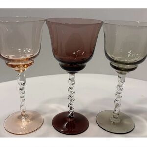 3 VTG double twisted stem wine sherry glasses hand blown peach amethyst smoke